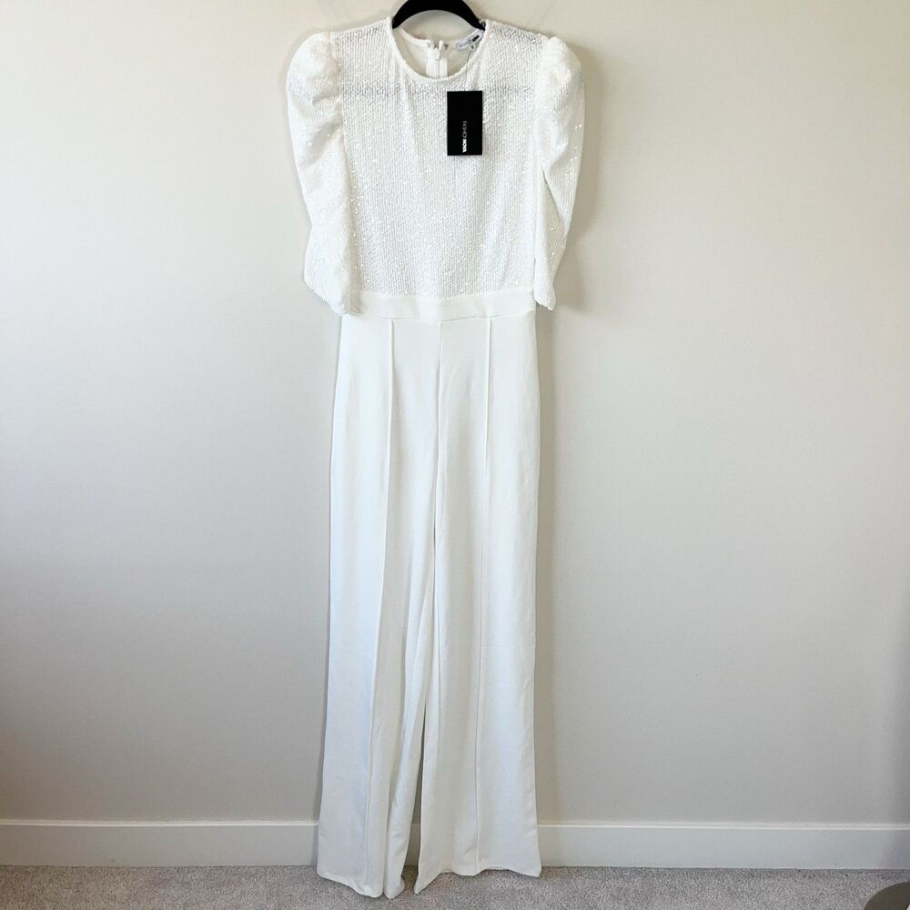 Fashion Nova Valerie Sequim Jumpsuit White Puff Sleeve Wide Leg Medium NWT’s
